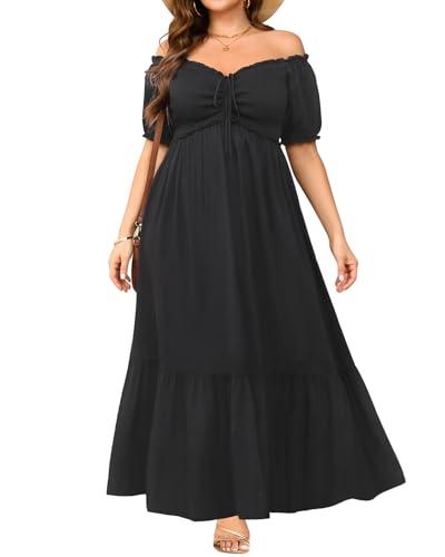 Plus Size Sun Dresses Women - Summer Off The Shoulder Puff Sleeve A Line Boho Maxi Flow Long Dress 2025, M, Black