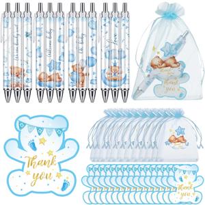 Chuangdi 50 Sets Baby Shower Favors Gifts for Guests Includes 50 Pcs Ballpoint Pens, Thank You Cards and Organza Bags(Blue Bear)