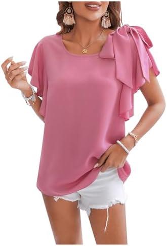 MakeMeChic Women's Knot Ruffle Short Sleeve Shirt Crew Neck Casual Blouse Summer Tops.Medium