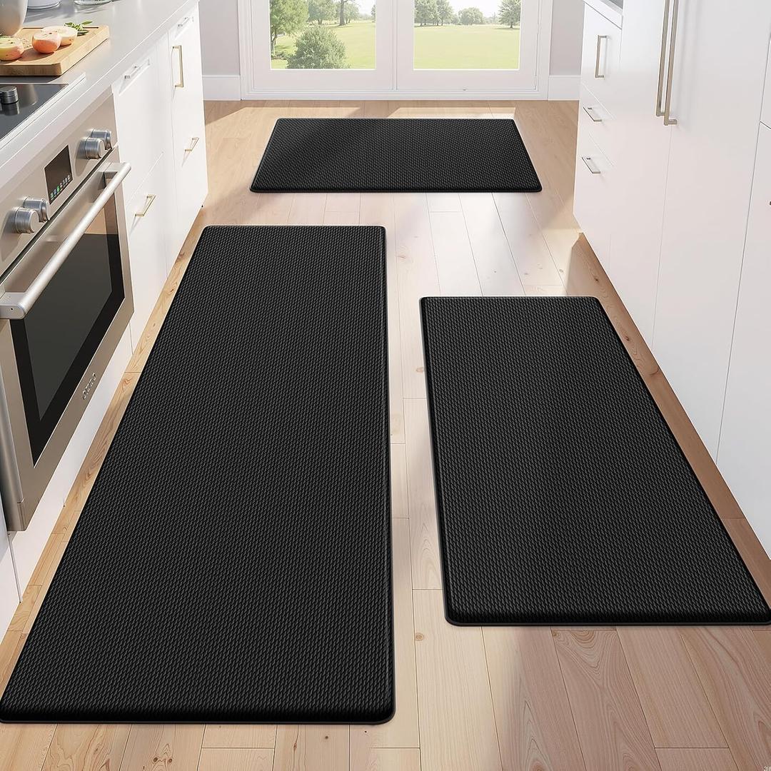 KitchenClouds Kitchen Mats for Floor,3PCS Kitchen Rugs, Non Slip Anti Fatigue Mats for Floor, Waterproof Kitchen Sink Mat, Cushioned Standing and Comfort Mats for Office, Black