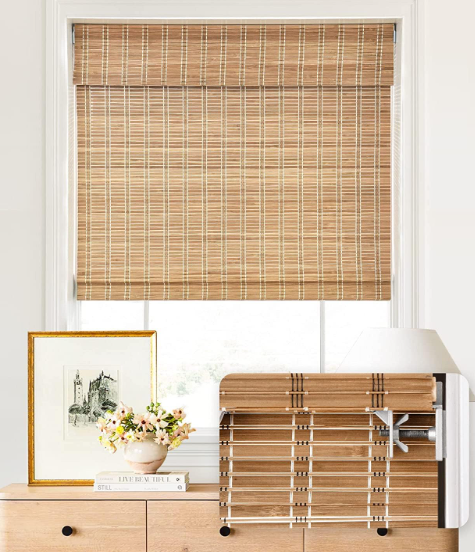 LazBlinds No Tools No Drill Cordless Bamboo Roman Shades, Light Filtering Window Treatment, Roll Up Bamboo Blinds for Windows 42'' W x 48'' H, Brown