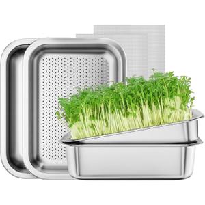 FANHAO 2-Pack Sprouting Tray Kit, Stainless Steel Soil-Free Cultivation Germination Tray, Healthy Wheatgrass Grower Sprouting Container Kit Nursery Tray for Indoors Plant Seedlings