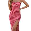 Baosuu Womens Summer Striped Dress Strapless Side Slit Bodycon Sundress Casual Going Out Dress Beach Vacation Dresses(Red,M)