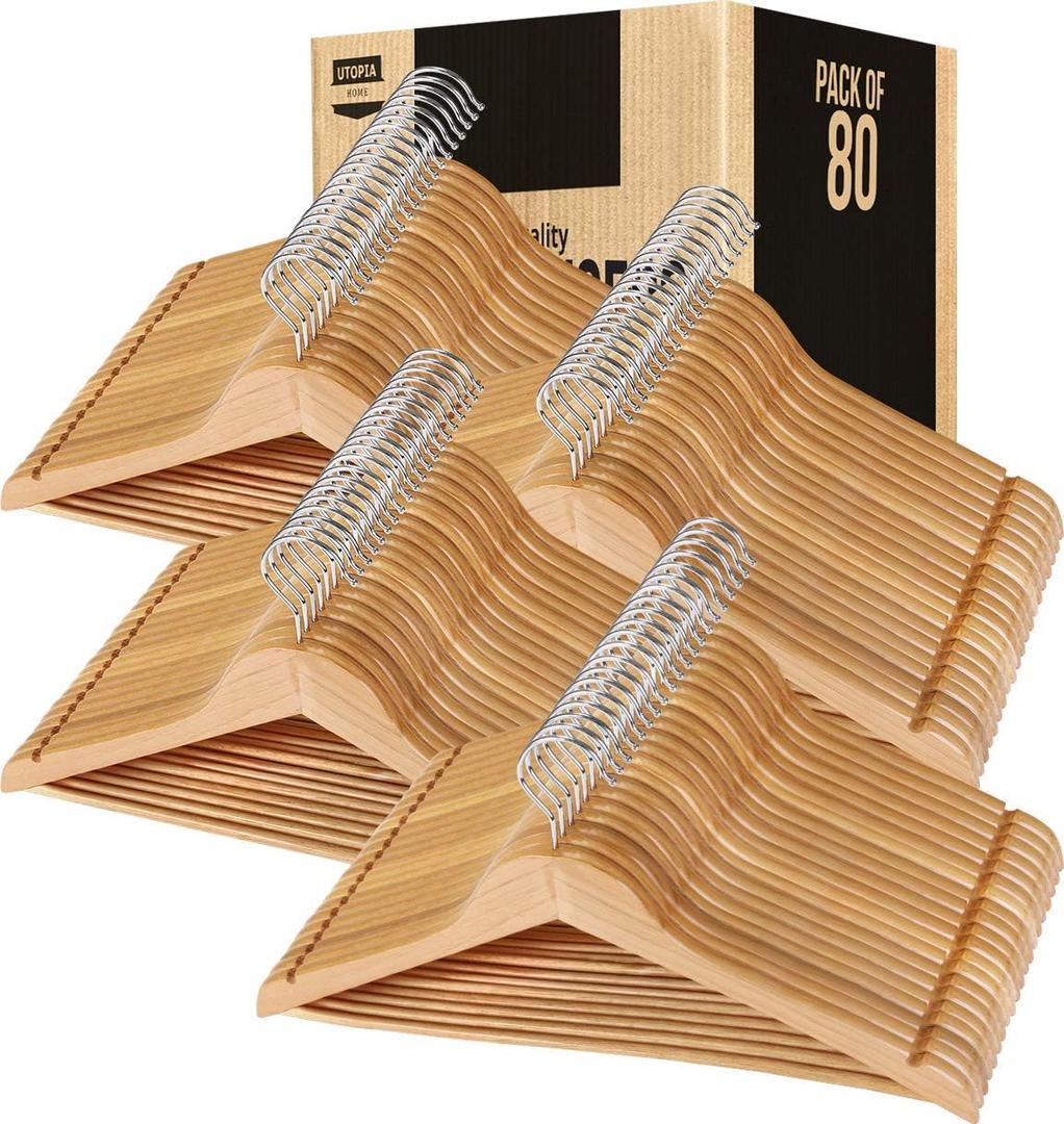 Utopia Home Premium Wooden Hangers 80 Pack - Durable & Slim Coat Hanger - Suit Hanger with 360-Degree Rotatable Hook - Wood Hangers with Shoulder Grooves (Natural Color)