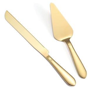 Cake Cutting Set for Wedding, Elegant Cake Knife and Server Set with Thickened Stainless Steel Rounded Edges, Cake Cutter Pie Spatula for Birthday Anniversary Christmas, 2 Pcs, Gold