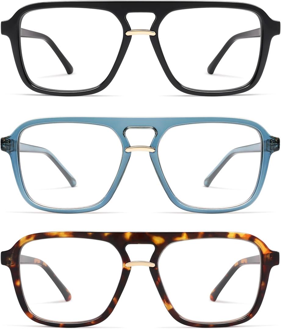 AMOMOMA 3 Pack Trendy Aviator Reading Glasses for Women Men Stylish Square Blue Light Blocking Readers AM6164 (Shiny Black+Blue+Brown Tortoise)