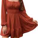 Florboom Women's Adjustable Square Neck Drawstring Dress Puff Long Sleeve Smocked Waist Mini Dresses (S)