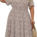 Nemidor Womens Plus Size Summer Midi Dress Casual Tiered Floral Print Beach Swing Boho Dresses with Pocket 16-26 (Beige)