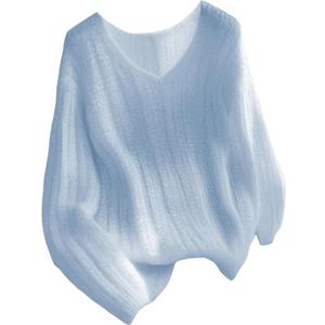 Womens Cute Pink Long Sleeve Pullover Sweaters 2025 Casual Loose V Neck Jumpers Basic Plain Ribbed Knit Tops (Blue, S)