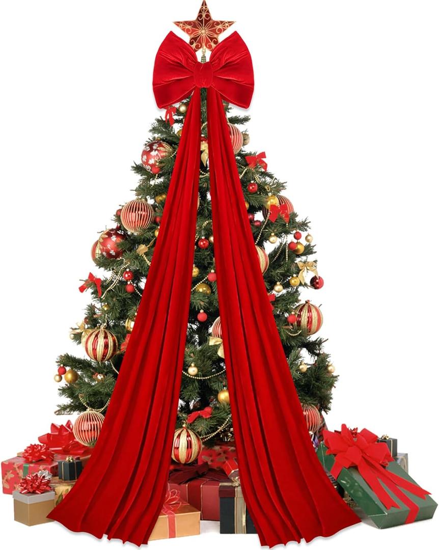 Extra Large Christmas Tree Topper Bows 78.7 x 15.7 Giant Bow Red Velvet Bow with Long Streamers for Tree Front Door Patio Outdoor Christmas Decorations (Red)