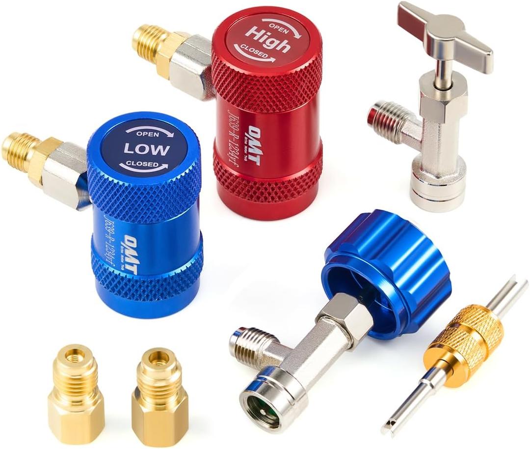 Orion Motor Tech R1234yf Quick Couplers Set, R1234yf Adapter Tool Kit with Self-Sealing & Puncture Can Tap, High & Low R1234yf Couplers Set with Valve Core Remover for 1/4" & 1/2" HVAC Charging Hoses