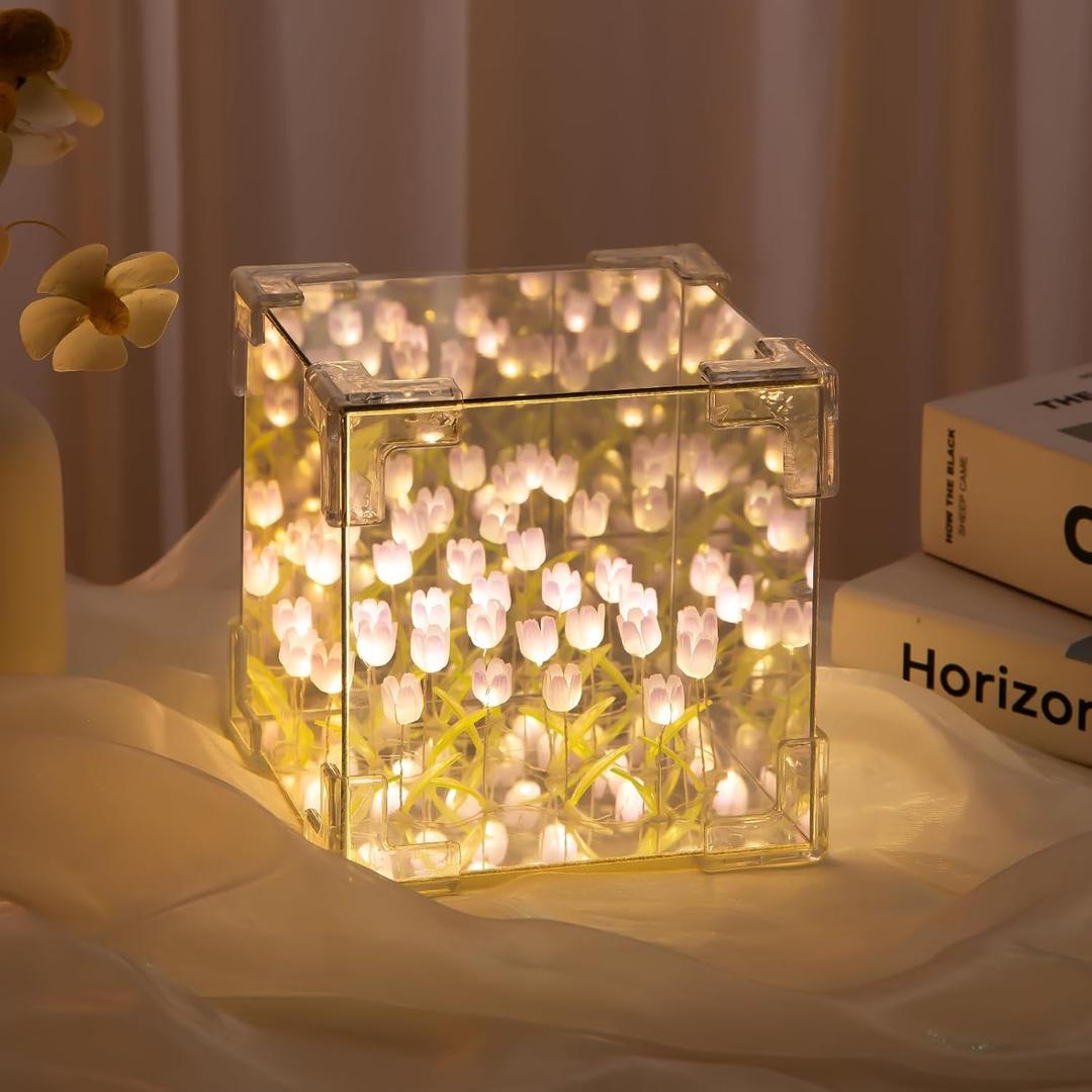 Tulip Night Light, Led Decorative Nights Lamp for Bedroom, Handmade DIY Magic Cube Tulips Flower Table Lamp and Mirror 2 in 1, 21 Flowers Mothers Day Gifts for Women and Girl (Purple-Pink Tulips)
