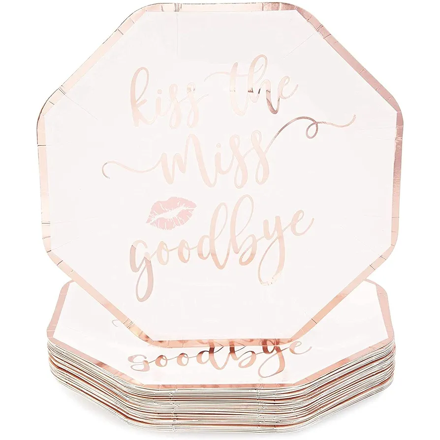 BLUE PANDA Bachelorette Party Plates - Kiss the Miss Goodbye, Rose Gold, 48 Count
