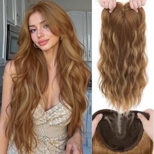 Hair Toppers for Women, 20 Inch Hand Tied Breathable Toppers Hair pieces for Women with Thinning Crown Curtain Bangs Mix Human Hair Clip in Curly Lightweight Wiglets(Honey Brown)