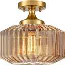 Flush Mount Light Fixture 11.02" Farmhouse 1 Light Ceiling Fixture with Amber Striped Hand Blown Glass Shade, E26 Base for Kitchen, Dining Room, Hallway