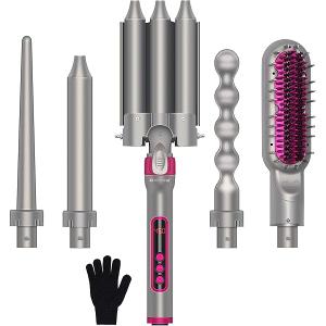Curling Iron Set, 5 in 1 Curling Wand with 4 Interchangeable Ceramic Barrels and 1 Straight Hair Brush, 30S Instant Heat Up, LCD Temp Adjustment, Dual Voltage, Includes Heat Resistant Gloves