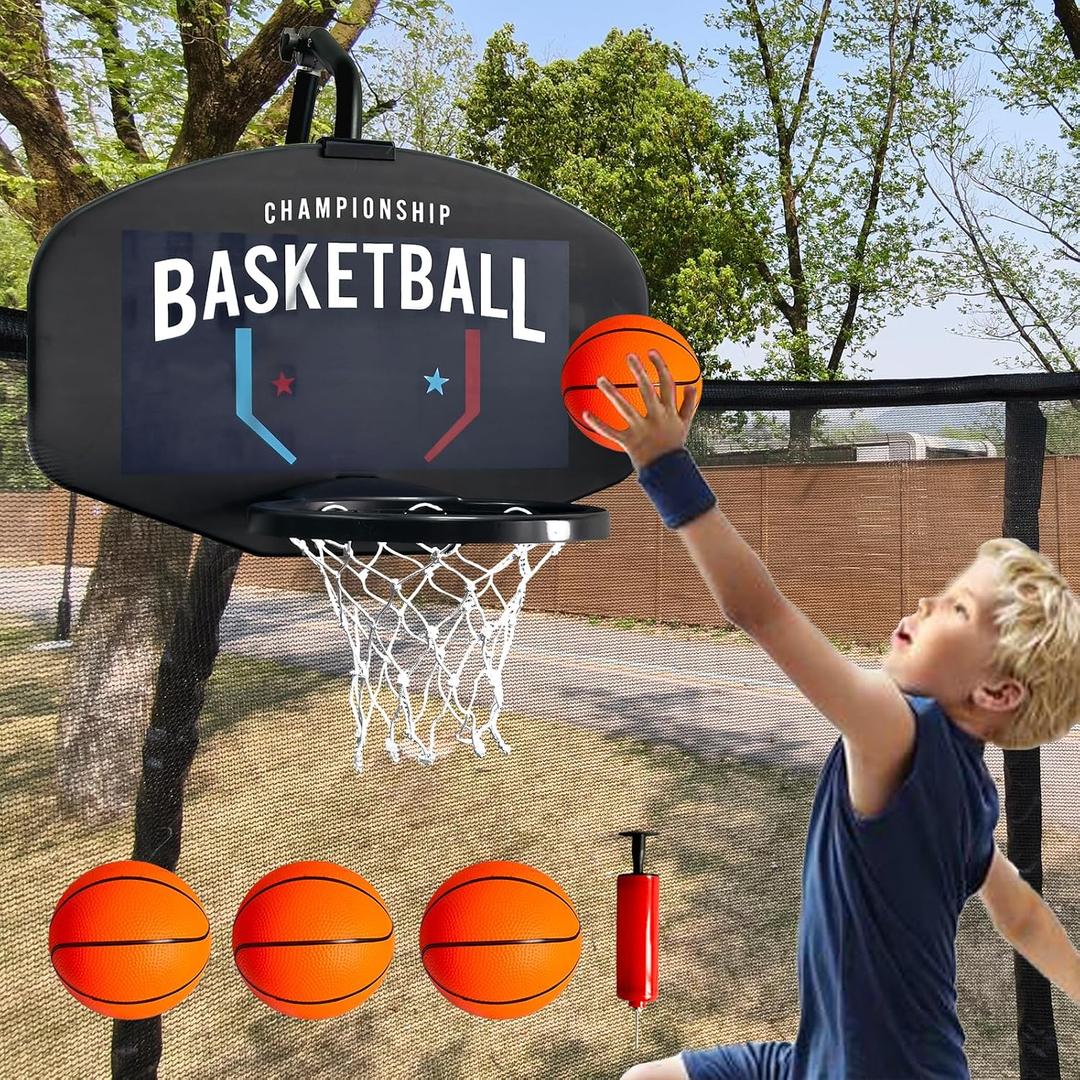 Basketball Hoop for Trampoline, Fits Straight and Curved Pole Trampoline Basketball Hoop Attachment with Balls and Pump, Universal Accessories of All Ages, Height and Angle Adjustable