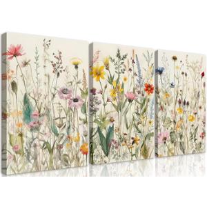 3 Pcs Framed Flowers Canvas Wall Art Watercolor Floral Botanical Prints Wildflower Pictures Wall Decor Colorful Plant Paintings Posters for Bathroom Living Room Bedroom Office Kitchen(16x24in) (16x24in Framed)