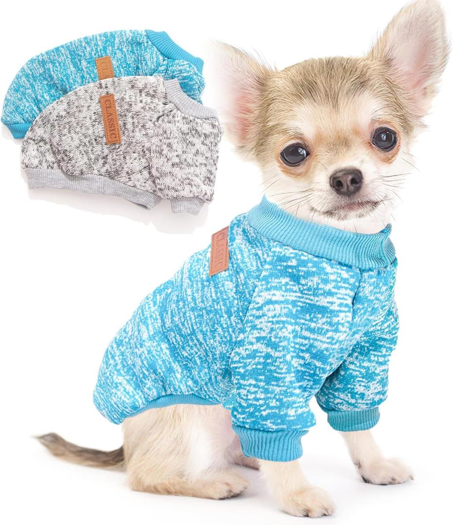 2 Pieces Dog Sweaters for Small Dogs Fall Clothes Female Winter Fleece Sweaters Warm Thick Pet Outfit Coat Small Dog Sweater for Girl Boy Dogs, Yorkie, Chihuahua, Pug, Cat, Pug,S,Blue,Grey