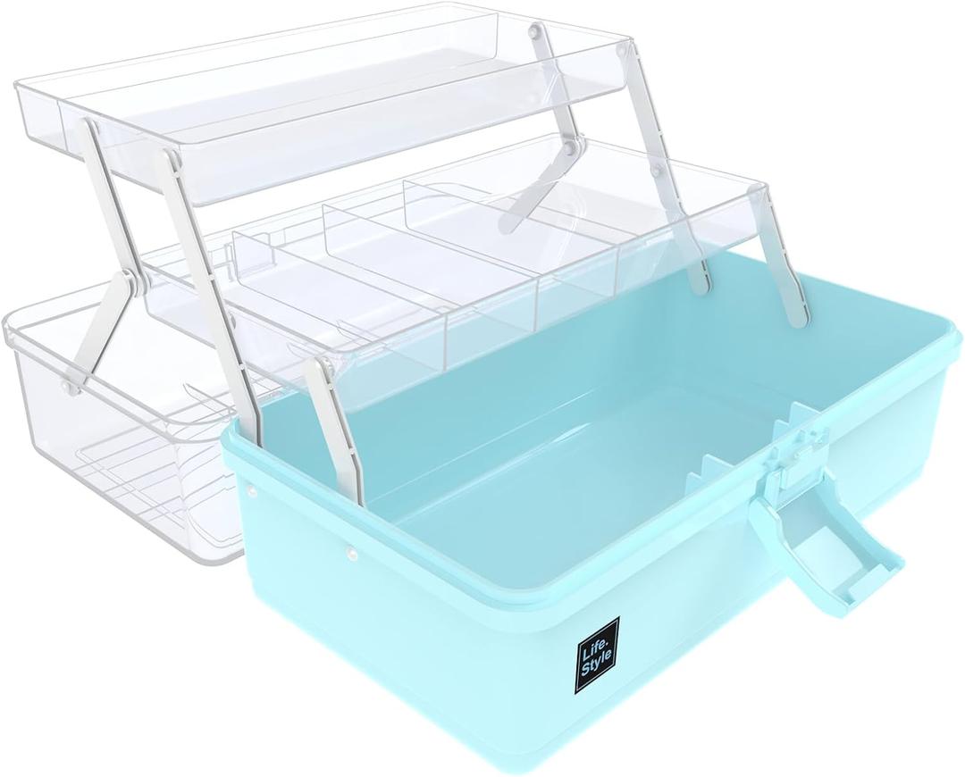 13 inches Craft Organizers and Storage Box, 3-Layers Multifunctional Plastic Sewing Organizing Box with Handle, for Medicine, Art Supply, Makeup, Hair Accessories, Organizer Bins (Blue)
