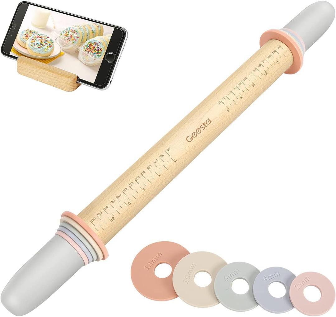 Geesta Adjustable Wood Rolling Pin with 5 Thickness Rings, Precise Dough Roller Handle Press Design with Measurement Guide for Fondant, Pizza, Pie Crust, Cookie, Pastry Baking Decorating Accessories (Western)