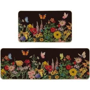 Artoid Mode Black Flowers Butterfly Spring Kitchen Mats Set of 2, Seasonal Home Decor Leaves Low-Profile Kitchen Rugs for Floor - 17x29 and 17x47 Inch