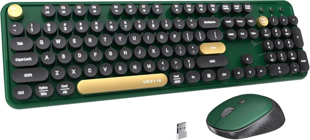 x UBOTIE Colorful Wireless Keyboard and Mouse, Full-Sized Office Keyboard with Typewriter Flexible Keys, 2.4GHz Dropout-Free Connection, Wrist Rest, Optical Mouse for PC Laptop(Black Green)