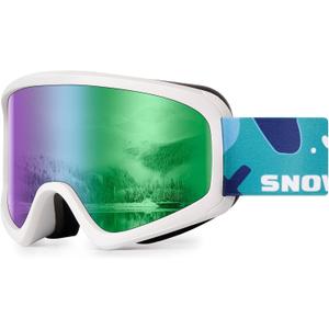 SNOWER Kids Ski Goggles, Anti-Fog Snow Goggles with OTG Design, 100% UV Protection, HD Lens for Kids Boys Girls (One Size, A2-vlt 18% Revo Green)