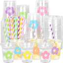 Whaline 60Pcs 12Oz Flower Disposable Plastic Cups with Lids and Straws Cute Pastel Floral Cold Beverage Drinking Cups for Spring Summer Wedding Birthday Baby Shower