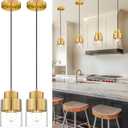 2-Pack Pendant Lights Kitchen Island, Brushed Gold Dual Shade Hanging Lights Fixtures with Metal and Clear Glass, Brass Kitchen Pendant Lighting Over Island for Dining Room, AD-24022-1P2-GD