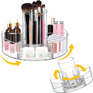 360-Degree Rotating Makeup Organizer, 6 Compartments, Clear Cosmetic Display Case with Lazy Susan Turntable
