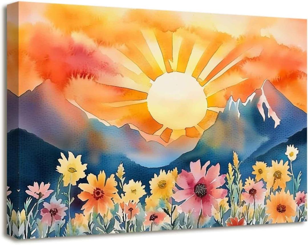 XLMDYYSW Boho Sun Wall Art Sunrise Canvas Picture Watercolor Wildflower Sunset Painting Mid Century Modern Mountains Sunrise Print for Living Room Home Framed (Yellow, 20.00" x 30.00")