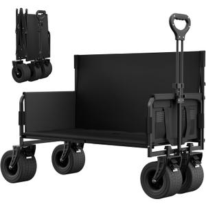 Beach Wagon with Seats, Heavy Duty Wagon Bench Seat Combo with Anti-Collapse Backbar, 2-in-1 Collapsible Lounge Cart for Sand Outdoor Camping, Carbon Steel 500lbs, Black