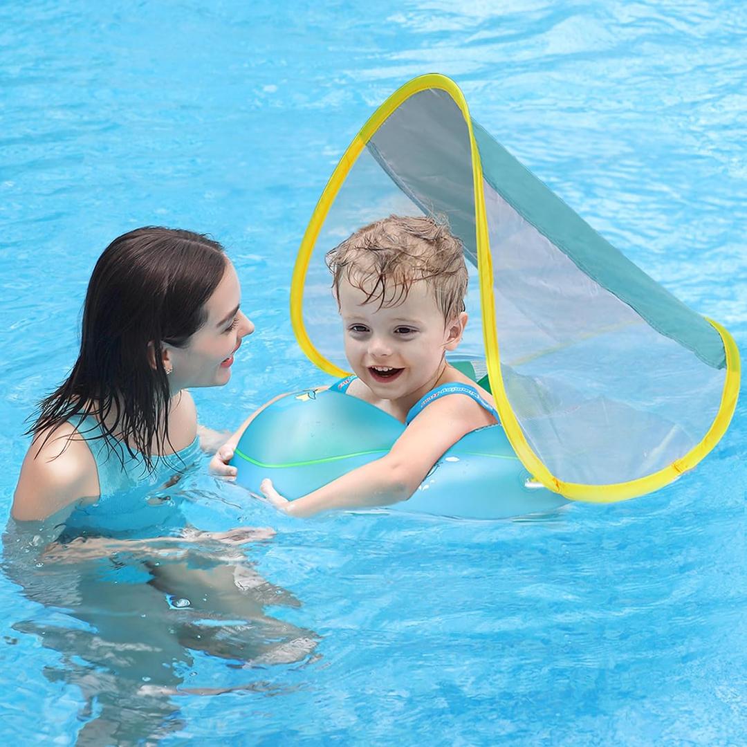 Free Swimming Baby Inflatable Baby Swim Float with Sun Canopy Size Improved Infant Pool Floaties Swimming Pool Toys for The Age of 3-36 Months(Blue, Small)