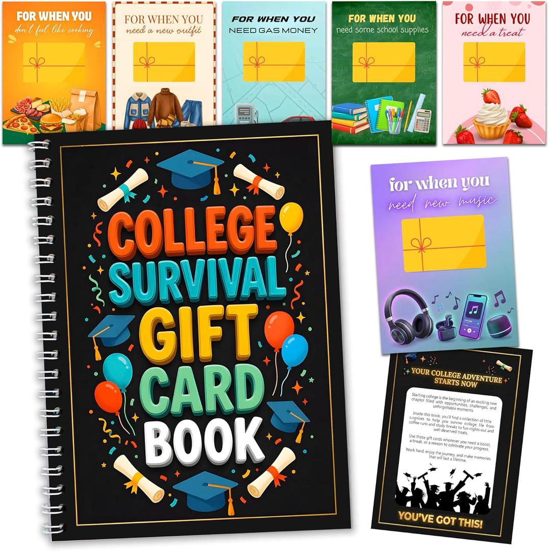 College Survival Gift Card Book, 7 x 5 Inch 20 Pages Giftcard Booklet Holders, 2026 College Survival Kit Gift Card Book, High School Graduation Gifts for Students Him Her Boys Girls Women, Hardcover