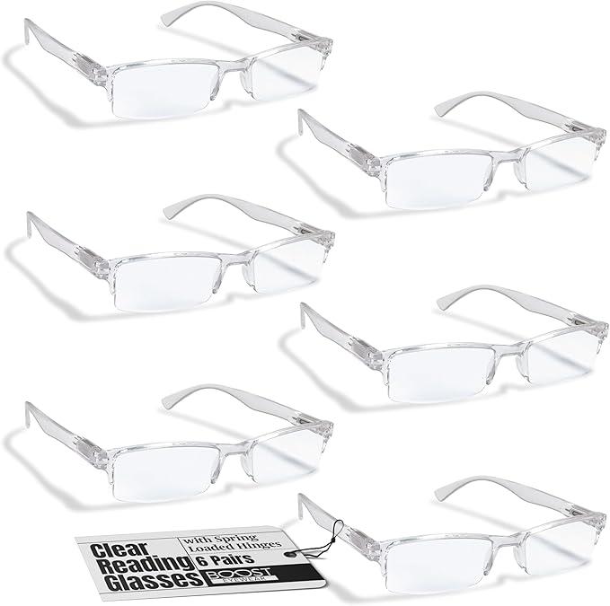 Boost Eyewear 6 Pack Reading Glasses, Clear Half Rim Frames, for Men and Women, with Comfort Spring Loaded Hinges, Clear, 6 Pairs (+2.50)