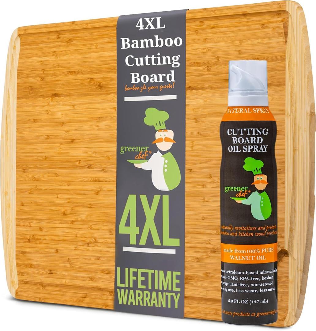 Wood Bamboo Cutting Board - 4XL - and Food Grade Oil Spray by Greener Chef