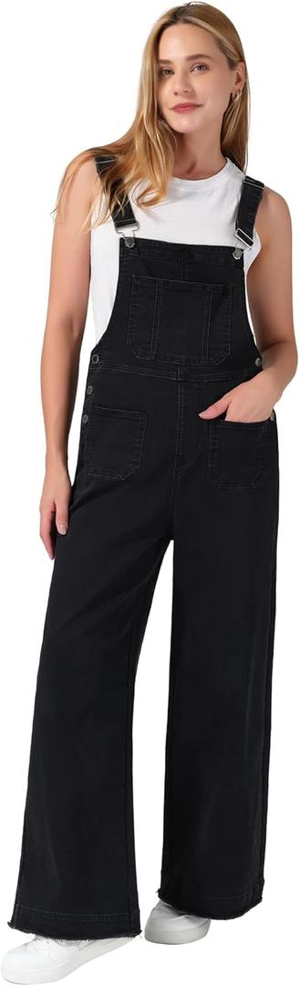 roswear Womens Denim Overalls Loose Fit Stretchy Baggy Overall Bib Wide Leg Casual Jean Jumpsuits (Black, M)
