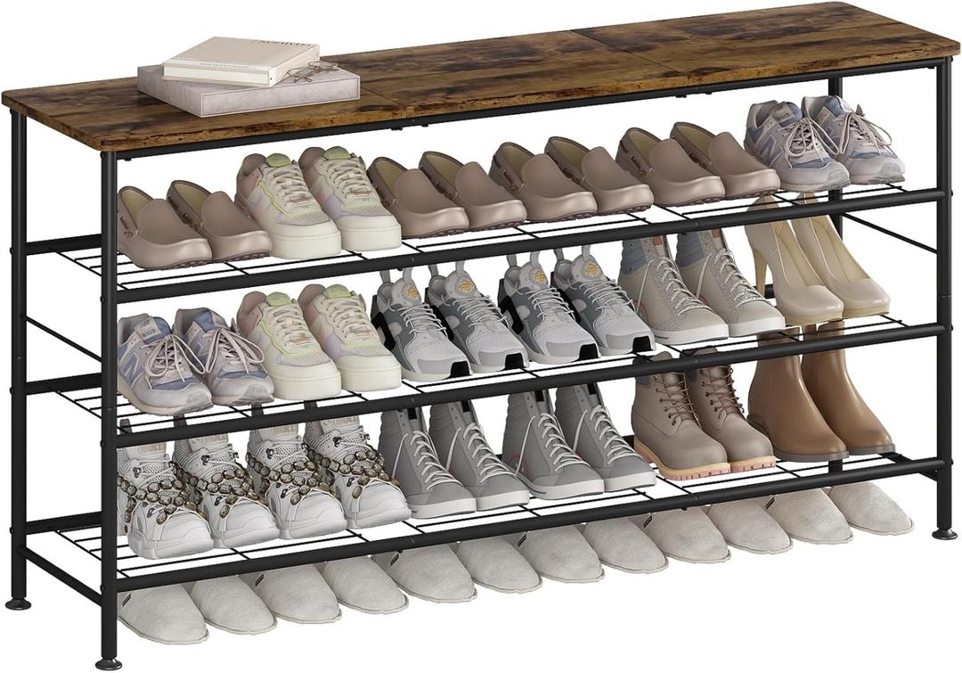 SUOERNUO Shoe Rack Organizer 4 Tier for Closet Entryway Free Standing Metal Storage Shoe Shelf with MDF Top Board (Black+Rustic Brown, Large 4 Tier)