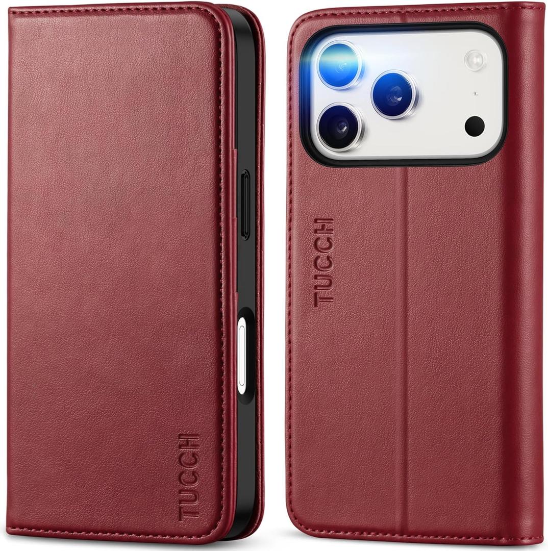 TUCCH Wallet Case for iPhone 17 Pro (6.3") 2025, 3 Credit Card Slot | RFID Blocking | Stand | PU Leather | Protective Flip Folio Cover | Shockproof TPU Interior Shell | Deep Red