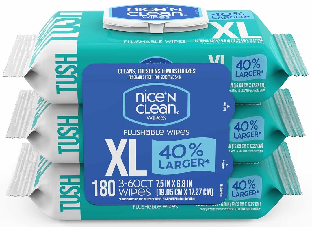 Nice 'N CLEAN Extra Large Flushable Wipes | 40% Larger Wipes | 6.8" x 7.5" Unscented XL Adult Wet Wipes | Septic and Sewer Safe | Fragrance Free, Hypoallergenic, Plant Based | 180 Butt Wipes