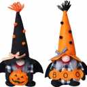 Ni-JASW Halloween Plush Gnomes Set of 2, Spooky Orange Black Bats Boo Swedish Tomte Elf Figurines Tiered Tray Decor