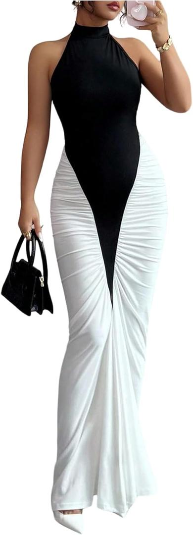 GORGLITTER Women's Halter Maxi Dress Ruched Bodycon Formal Birthday Evening Elegant Wedding Guest Cocktail Dresses (S)