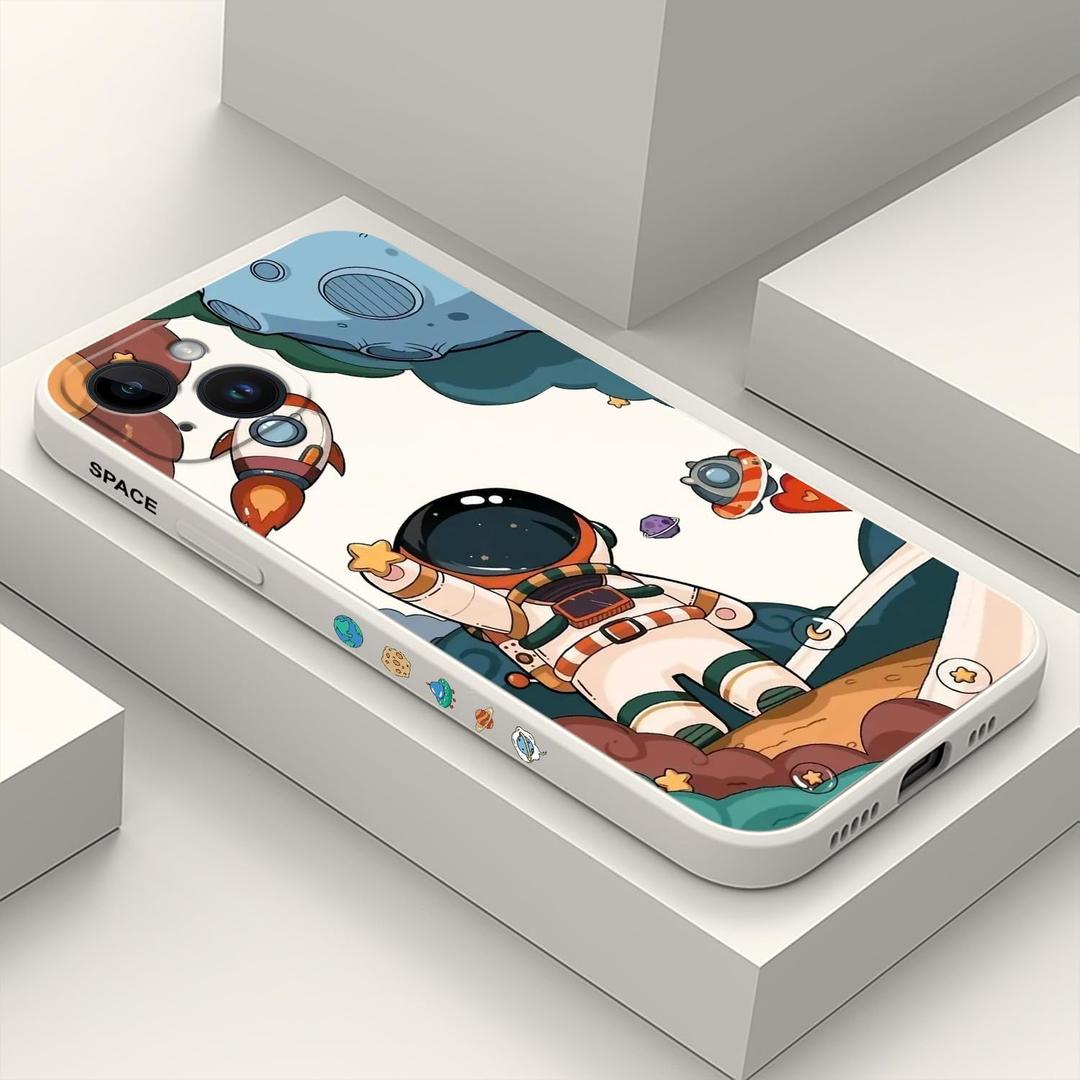 for iPhone 15 Plus Case, Astronaut Side Creative Pattern Designs Liquid Silicone Shockproof Soft Phone Cover for iPhone 15 Plus, Astronaut Rice White