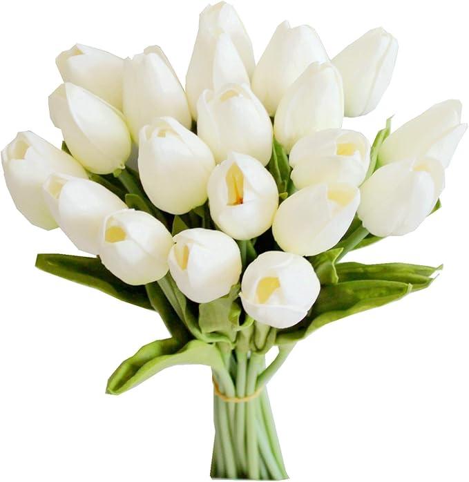 Mandy's 20pcs White Artificial Tulip Silk Fake Flowers 13.5" for Spring Mother's Day Easter Gifts in Bulk Home Kitchen Wedding Decorations