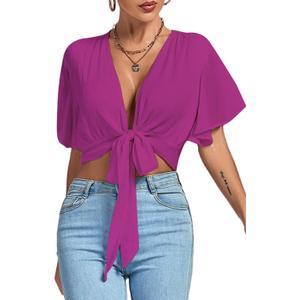 LYANER Women's Deep V Neck Tie Front Knot Wrap Ruffle Short Sleeeve Crop Top Blouse (X-Large)