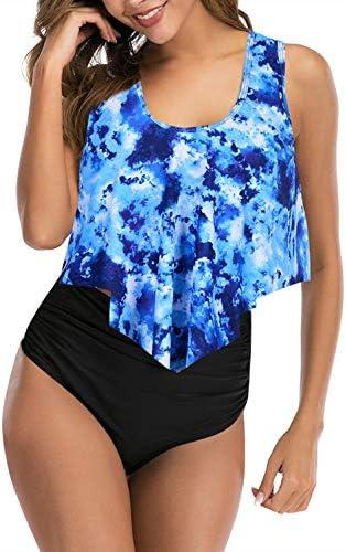 Women High Waisted Bikini Swimsuit Plus Size Flounce Top Vintage Tummy Control Bottom Two Piece Tankini Bathing Suits XXL  Blue Tie Dye