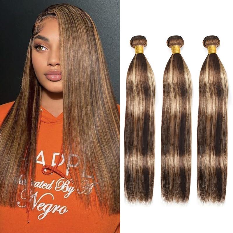 20 22 24 Inch Blonde Highlight Human Hair Bundles Straight Honey Blonde Hair Bundle Brazilian Virgin Bundles Straight Hair Weave for Black Women (Brown and Blonde,#P4/27)