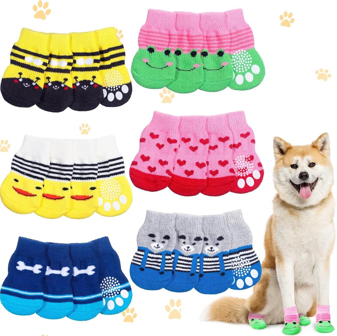 Saintrygo 24 Pieces Anti Slip Dog Socks Small Cat Paw Protector Pet Doggie Grip Knit Socks, Pet Paw Protector Traction for Small Medium Dog Indoor on Hardwood Floor Wear