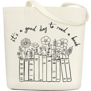Books and Flowers Canvas Tote Bags for Women Aesthetic Gifts for Women Birthday Christmas Minimalist Cotton Tote Bag for Shopping Work Reusable Grocery Shoulder Bag with Wide Strap - DH689